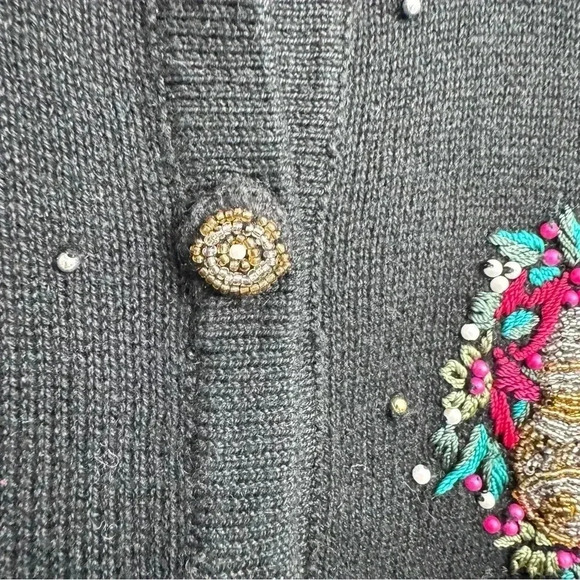 Vintage Lemon Grass Black Beaded Embroidered Holiday Cardigan Wreath - Size M - Picture 5 of 7